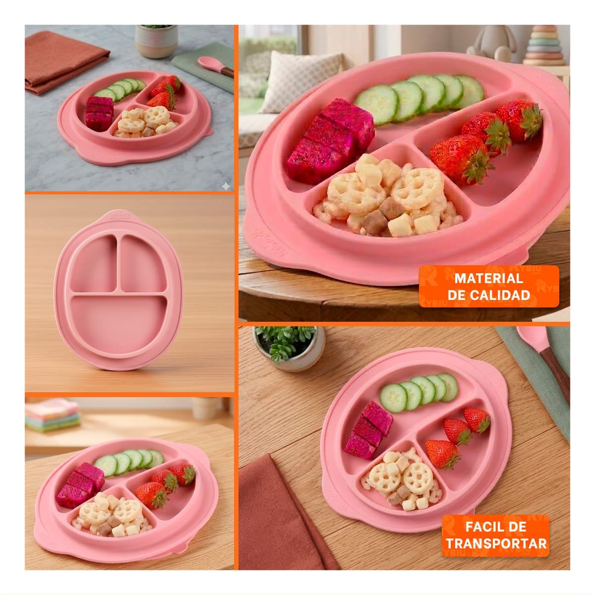 PLATO DE SILICONA CON CARITA FELIZ DIVIDIDO ROSADO Y+POST IT - 1
