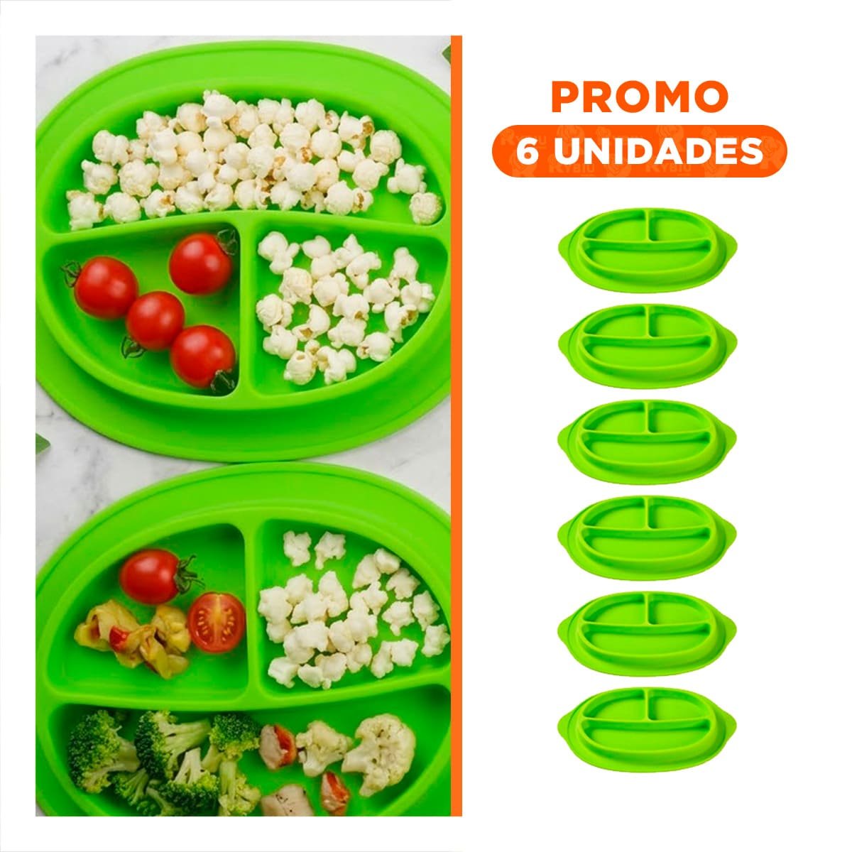 PACK6 PLATO DE SILICONA CARITA FELIZ VERDE CON 3 ESPACIOS - 1