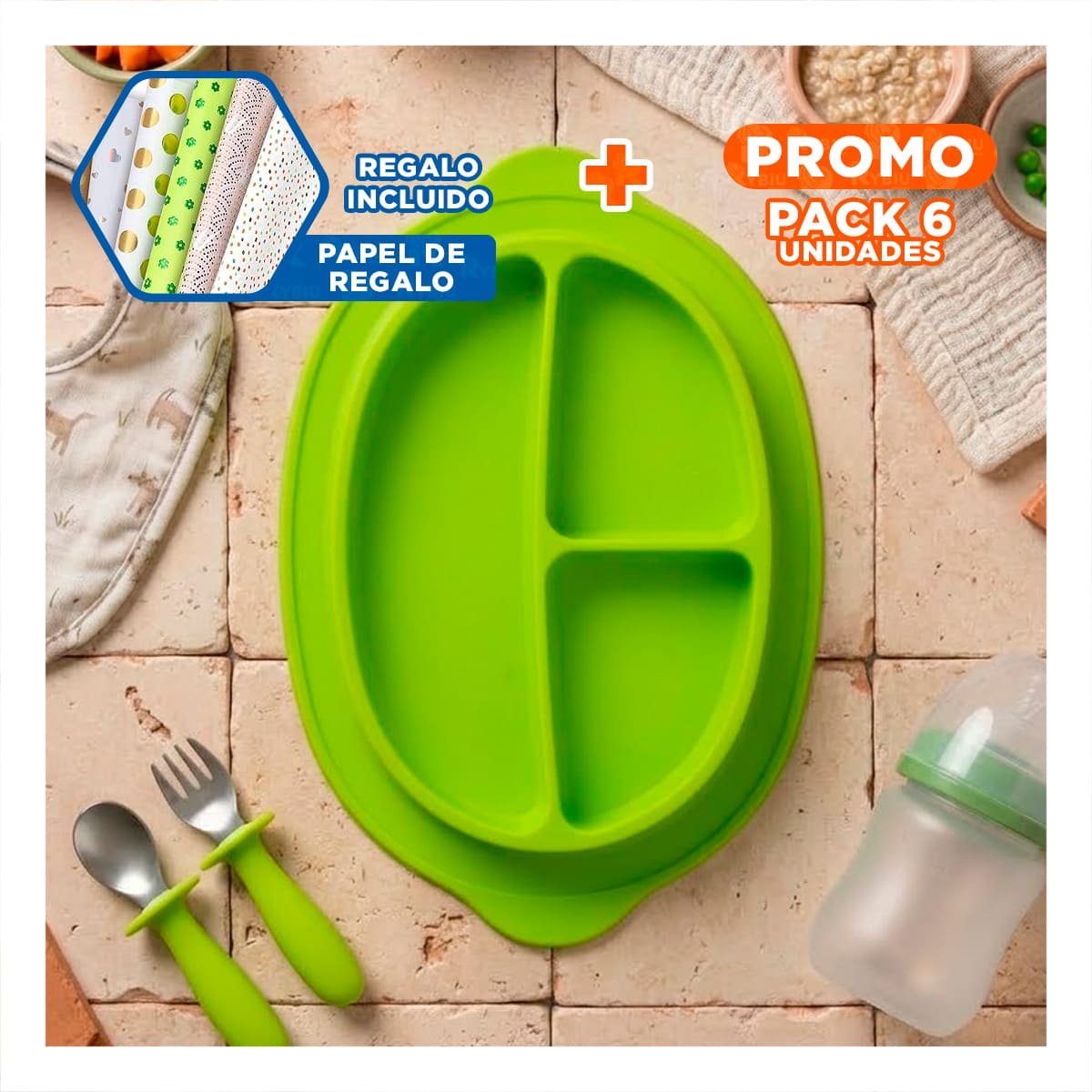 PACK6 RECIPIENTE VERDE DE SILICONA CARITA FELIZ CON DIVISIONES Y+PAPEL REGALO - 1