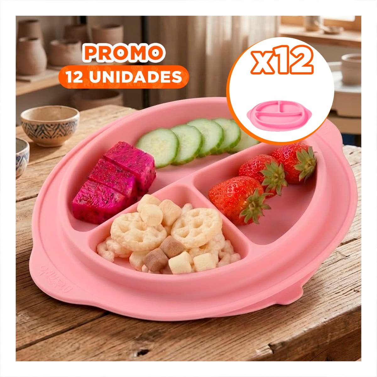 PACK12 PLATO DE SILICONA CARITA FELIZ ROSADO CON COMPARTIMIENTOS - 1