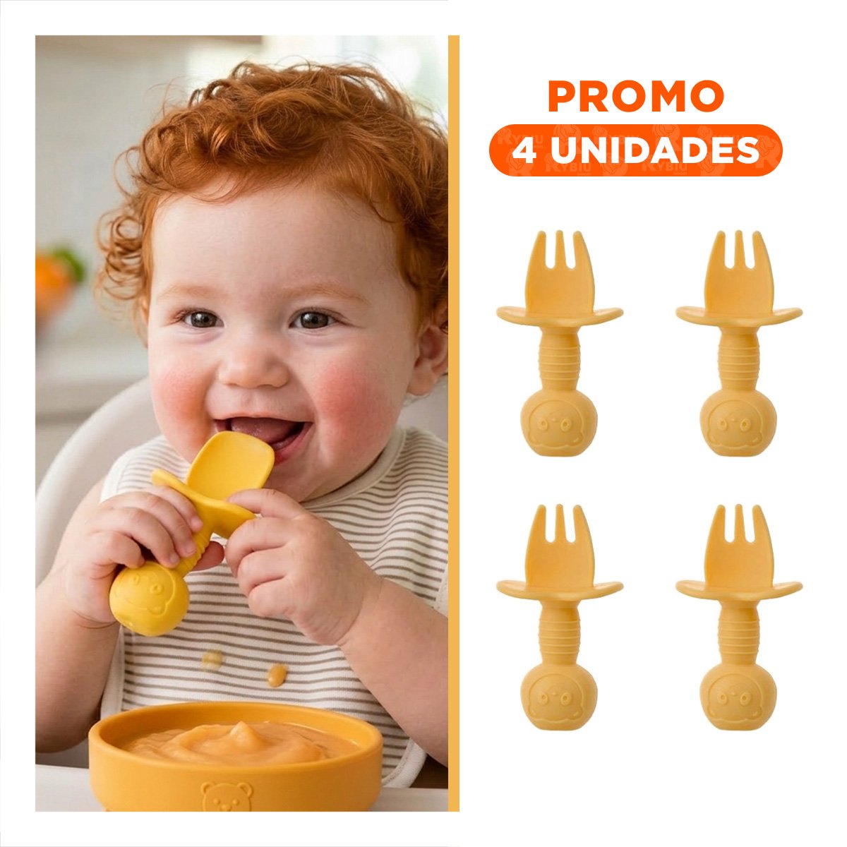 PACK4 PACK 2 PRE CUCHARA Y TENEDOR MANGO CORTO OSITO AMARILLO PARA NIÑOS COMER Y+REGALO STICKER - 1
