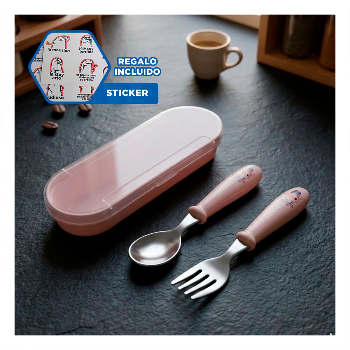 PACK ESCOLAR CHANCHO CON CUCHARA Y TENEDOR ESTUCHE COLOR MELON Y+REGALO STICKER - 1