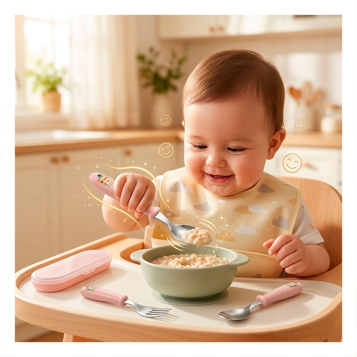 PACK ESCOLAR CHANCHO CON CUCHARA Y TENEDOR ESTUCHE COLOR MELON Y+REGALO STICKER - 5