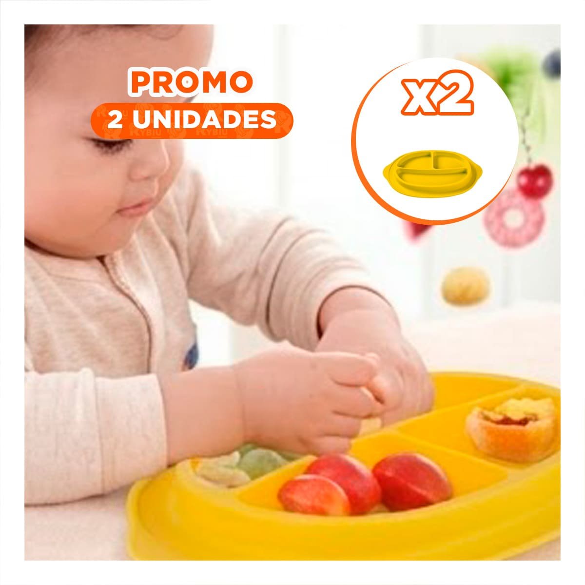 PACK2 PLATO DE SILICONA AMARILLO CON CARITA FELIZ Y COMPARTIMIENTOS Y+REGALO STICKER - 1