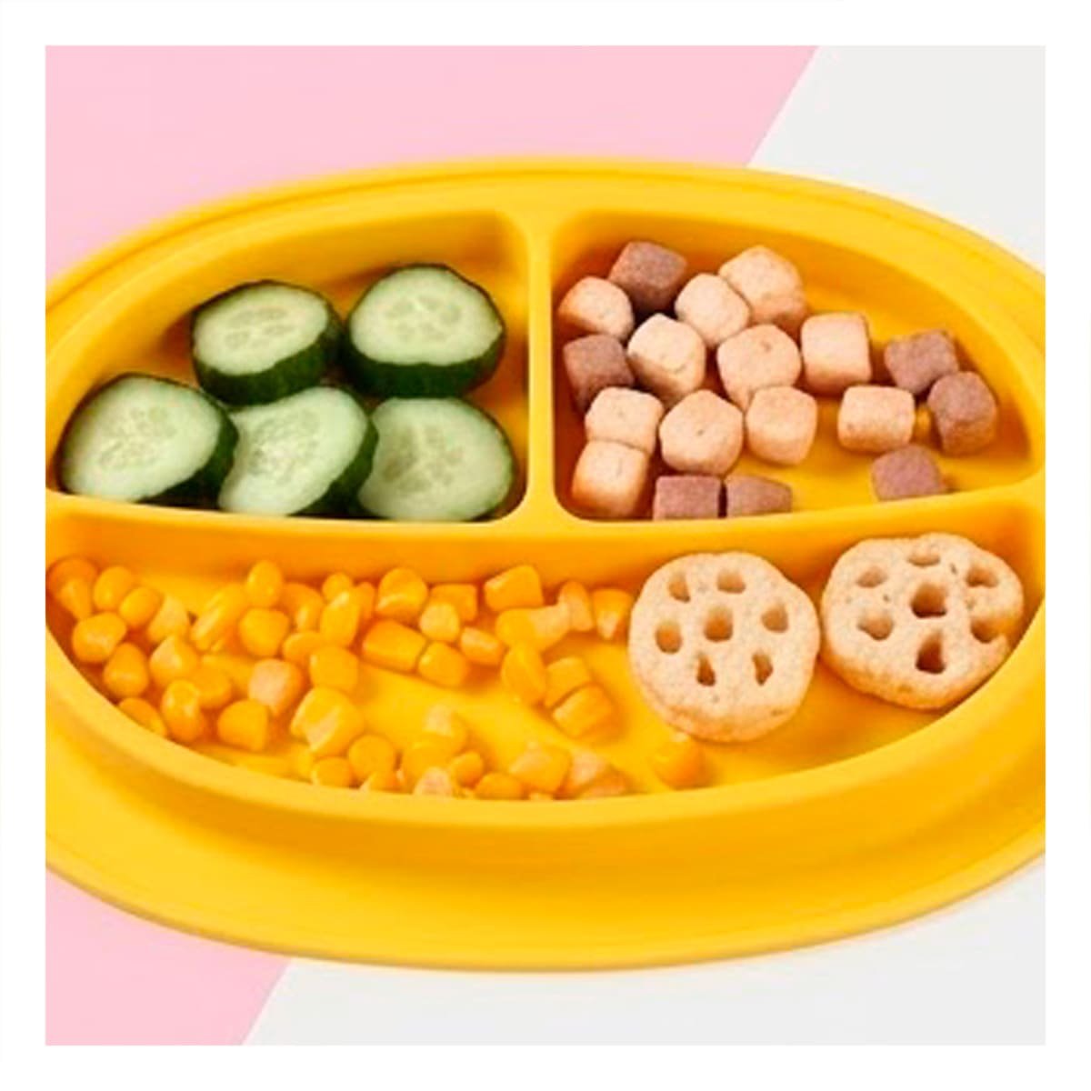 PACK2 PLATO DE SILICONA AMARILLO CON CARITA FELIZ Y COMPARTIMIENTOS Y+REGALO STICKER - 5
