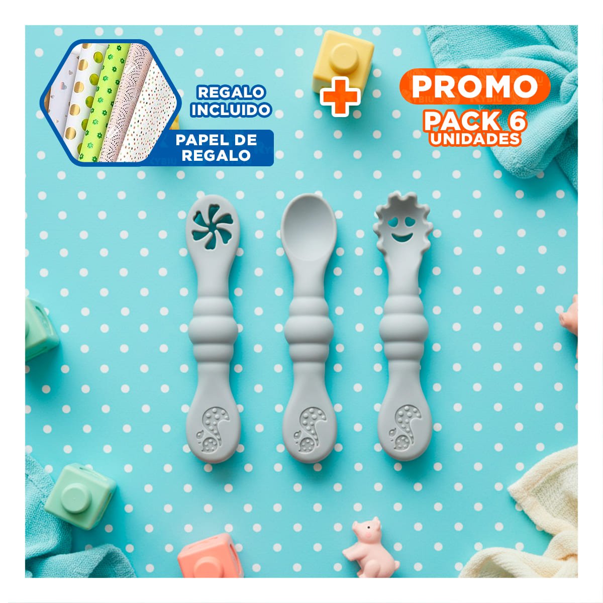 PACK6 KIT 3 PRE CUCHARAS COMODO Y FUNCIONAL PARA ALIMENTACION DE BEBE PLOMO Y+PAPEL REGALO - 1