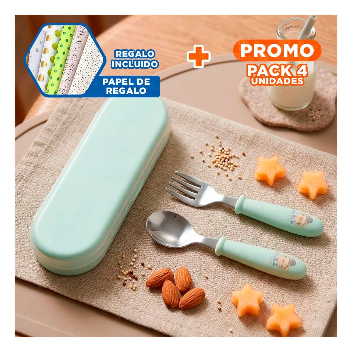 PACK4 KIT INFANTIL CHANCHO CON CUCHARA Y TENEDOR ESTUCHE COLOR VERDE Y+PAPEL REGALO - 1