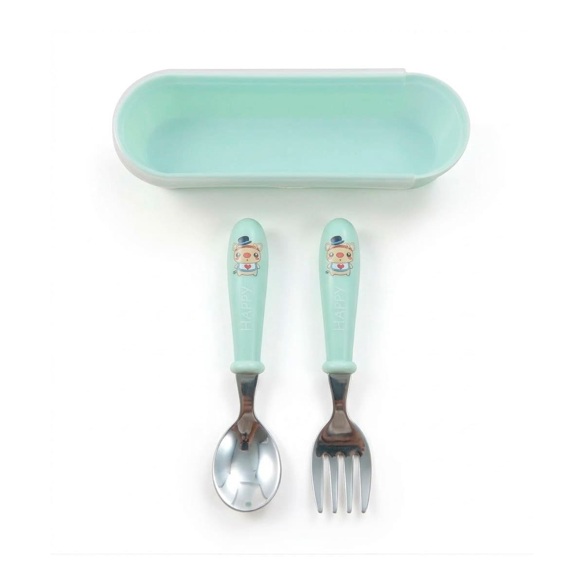 PACK4 KIT INFANTIL CHANCHO CON CUCHARA Y TENEDOR ESTUCHE COLOR VERDE Y+PAPEL REGALO - 3