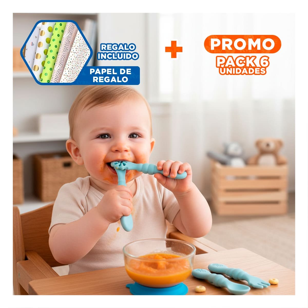 PACK6 KIT 3 PRE CUCHARAS COMODO Y FUNCIONAL PARA ALIMENTACION DE BEBE CELESTE Y+PAPEL REGALO - 1