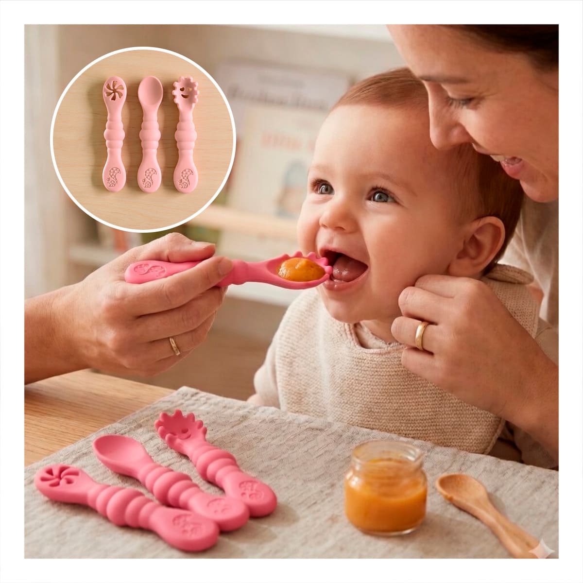 PACK 3 PRE CUCHARAS PARA BEBE PRACTICO Y RESISTENTE EN COMEDOR COLOR ROSADO Y+REGALO STICKER - 5