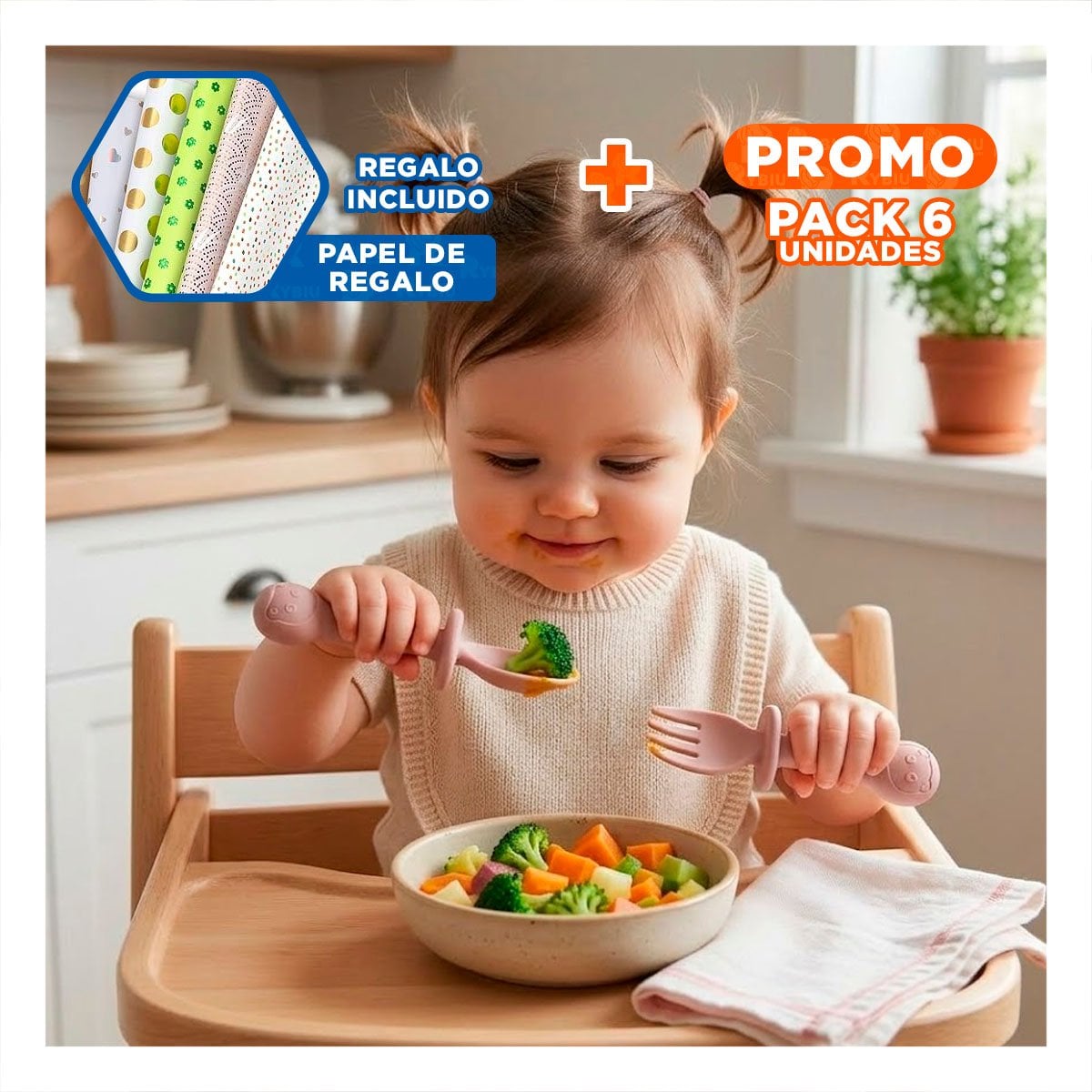 PACK6 KIT 2 PRE CUCHARA Y TENEDOR PALO ROSA OSITO MANGO CORTO PARA NIÑOS Y HOGAR Y+PAPEL REGALO - 1