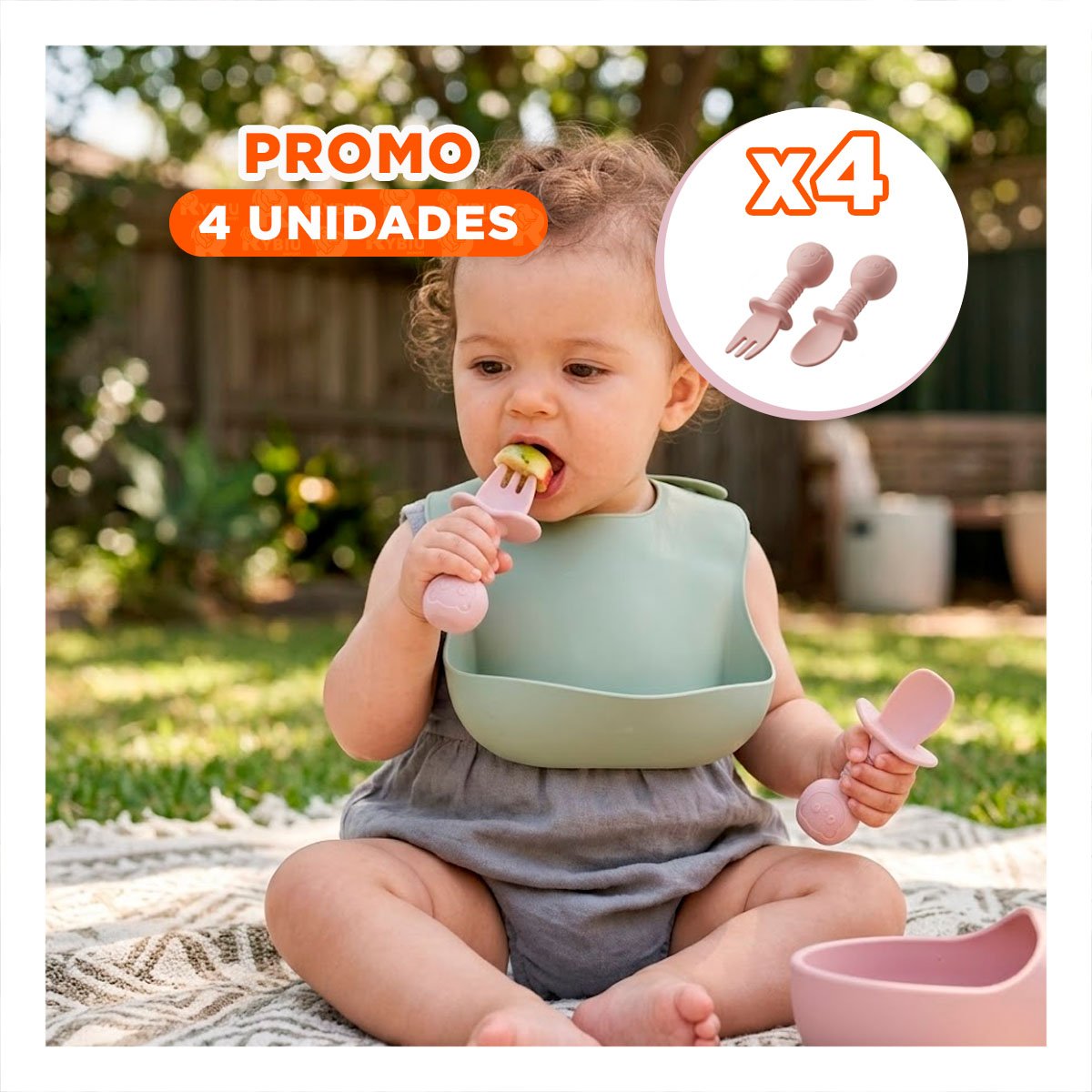 PACK4 SET 2 PRE CUCHARA Y TENEDOR PALO ROSA MANGO CORTO OSITO PARA NIÑOS Y BEBÉS - 1