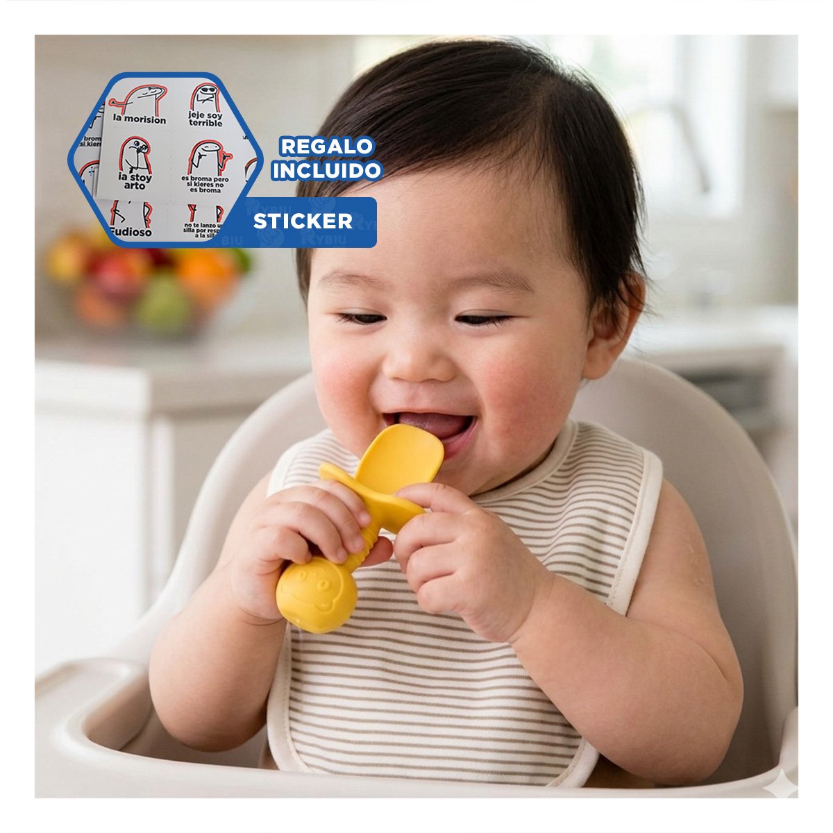 PACK 2 PRE CUCHARA Y TENEDOR OSITO MANGO CORTO AMARILLO PARA NIÑOS Y BEBÉS Y+REGALO STICKER - 1