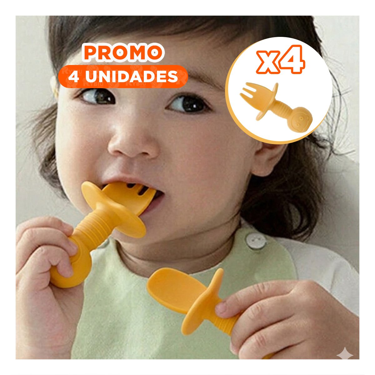 PACK4 SET 2 PRE CUCHARA Y TENEDOR COLOR AMARILLO OSITO MANGO CORTO PARA NIÑOS Y BEBÉS - 1
