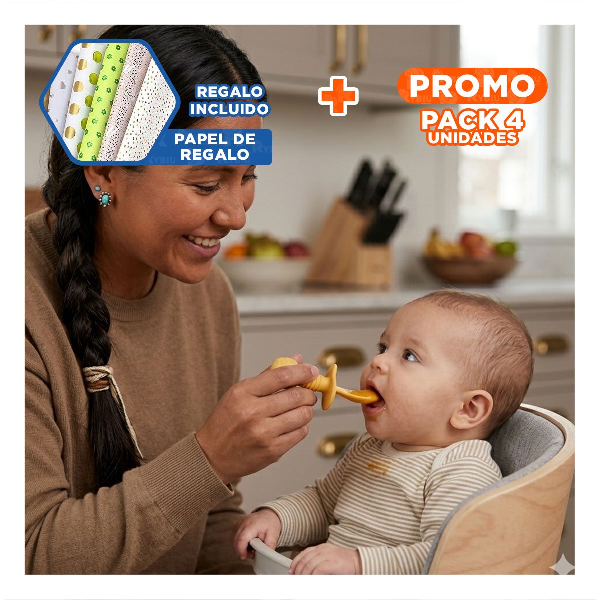 PACK4 KIT 2 PRE CUCHARA Y TENEDOR OSITO COLOR AMARILLO MANGO CORTO PARA MESA Y+PAPEL REGALO - 1