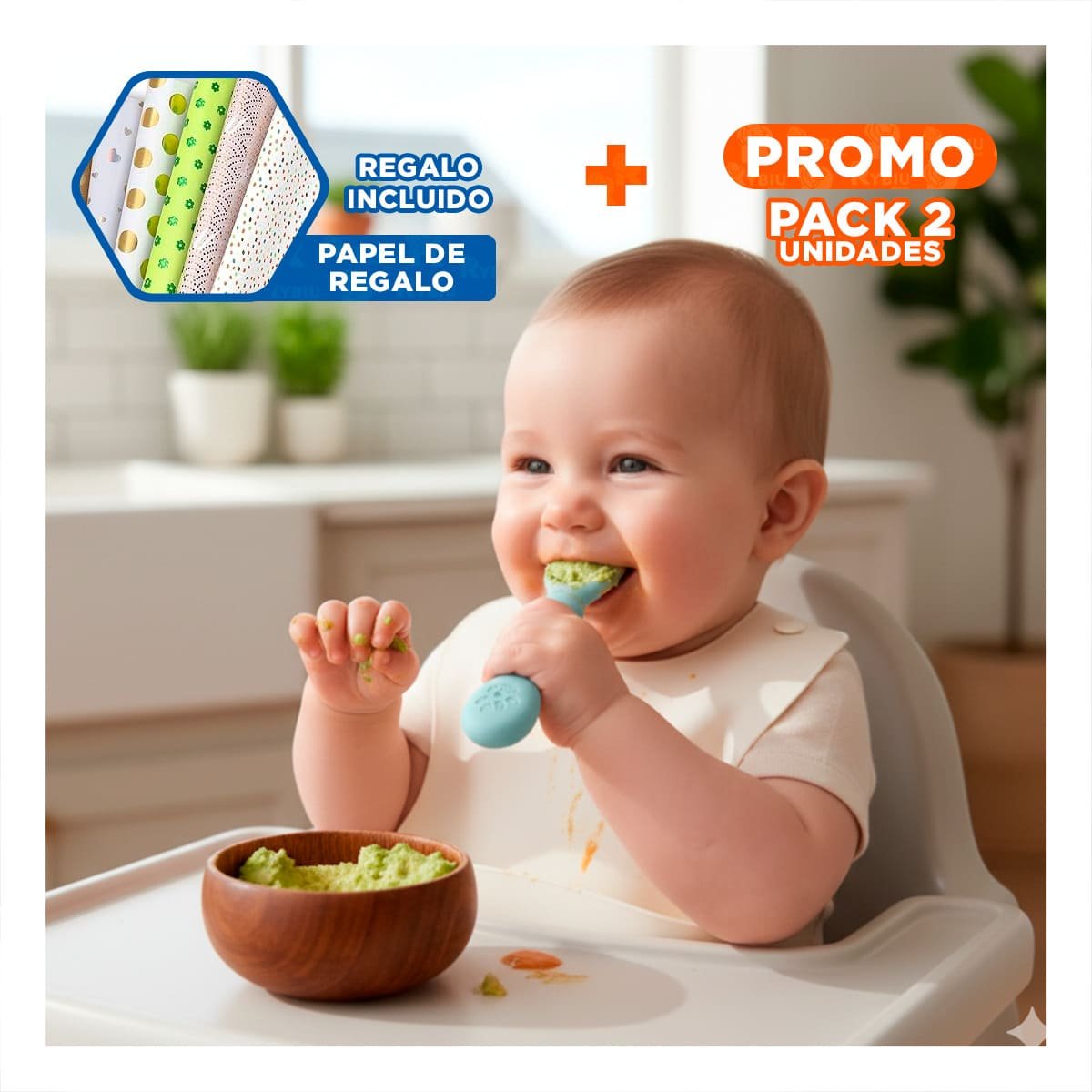 PACK2 PACK 3 PRE CUCHARAS CELESTE PARA BEBE ALIMENTACION SEGURA Y DIARIA EN CASA Y+PAPEL REGALO - 1