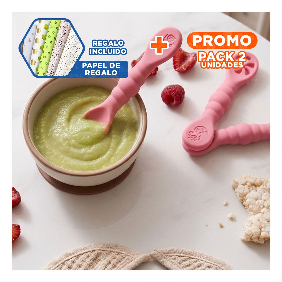 PACK2 PACK 3 PRE CUCHARAS ROSADO PARA BEBE ALIMENTACION SEGURA Y DIARIA EN CASA Y+PAPEL REGALO - 1