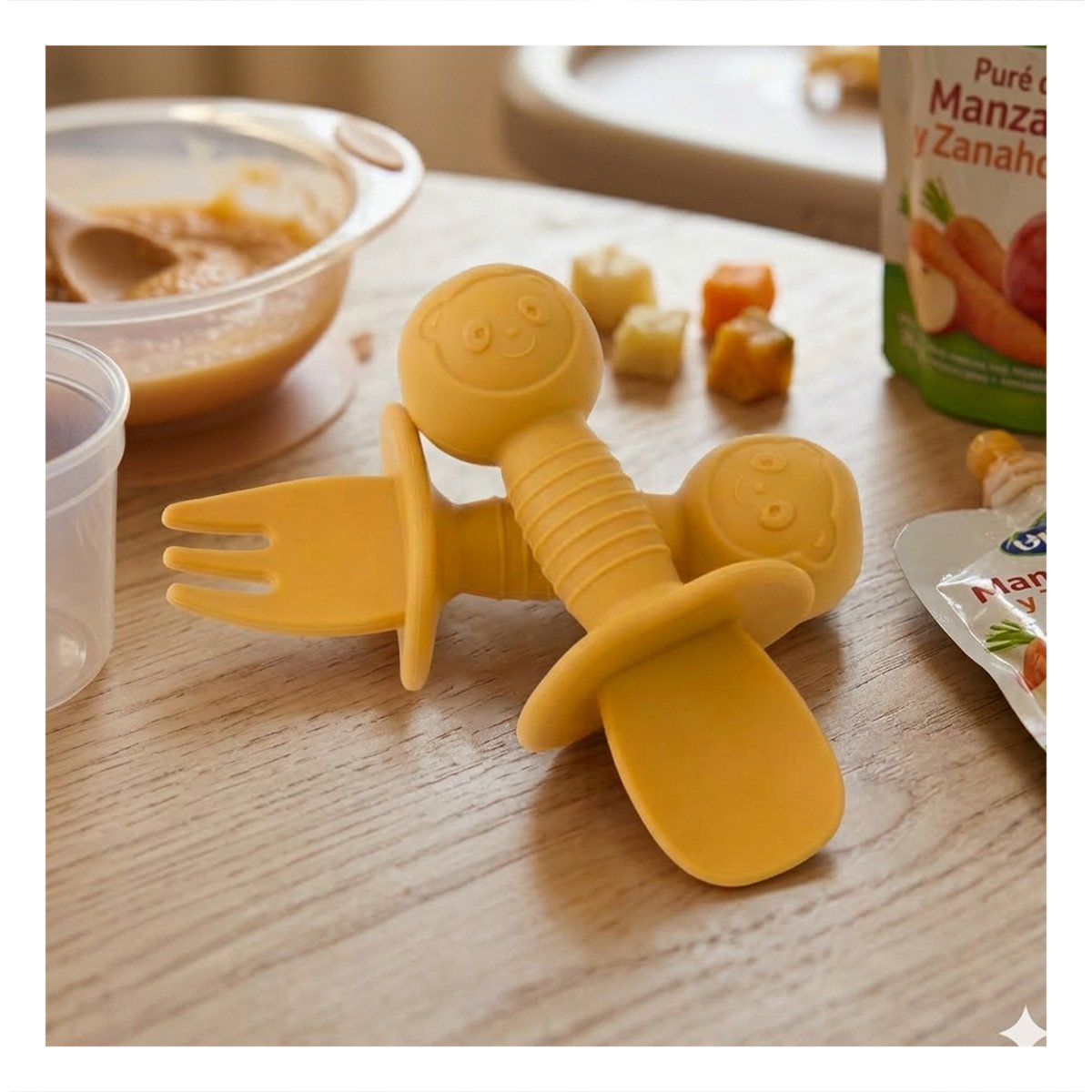 PACK6 PACK 2 PRE CUCHARA Y TENEDOR OSITO MANGO CORTO PARA NIÑOS COLOR AMARILLO Y+REGALO STICKER - 5