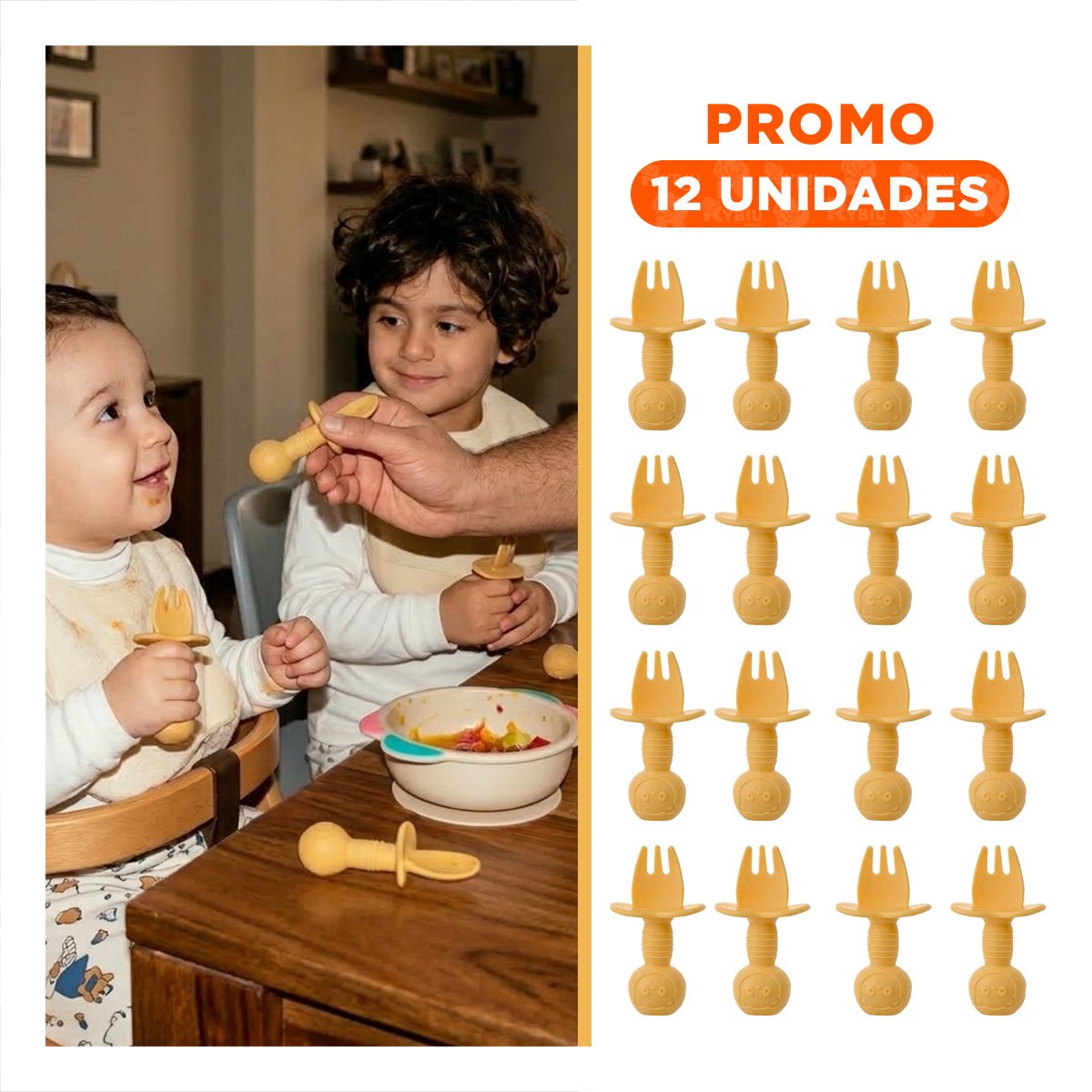 PACK12 PACK 2 PRE CUCHARA Y TENEDOR AMARILLO OSITO MANGO CORTO PARA NIÑOS Y+REGALO STICKER - 1