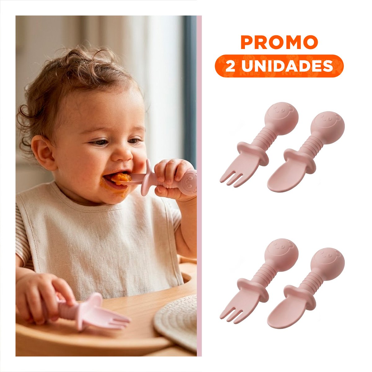 PACK2 KIT 2 PRE CUCHARA Y TENEDOR MANGO CORTO OSITO PALO ROSA PARA NIÑOS EN MESA - 1
