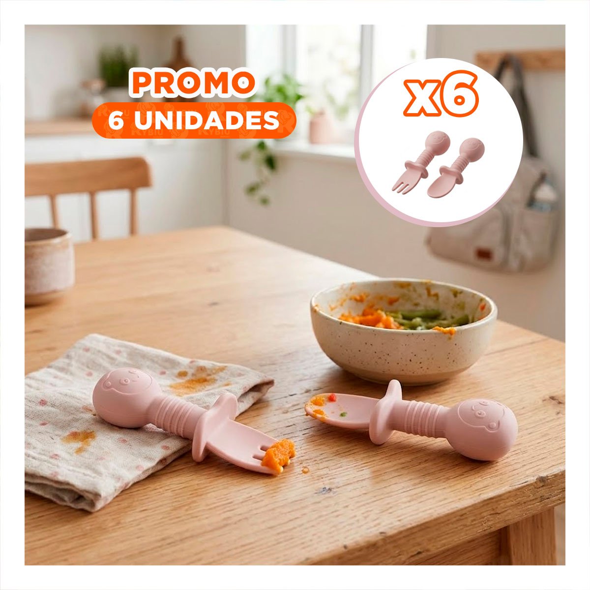 PACK6 COLECCION 2 PRE CUCHARA Y TENEDOR MANGO CORTO OSITO PALO ROSA PARA MESA Y+REGALO STICKER - 1