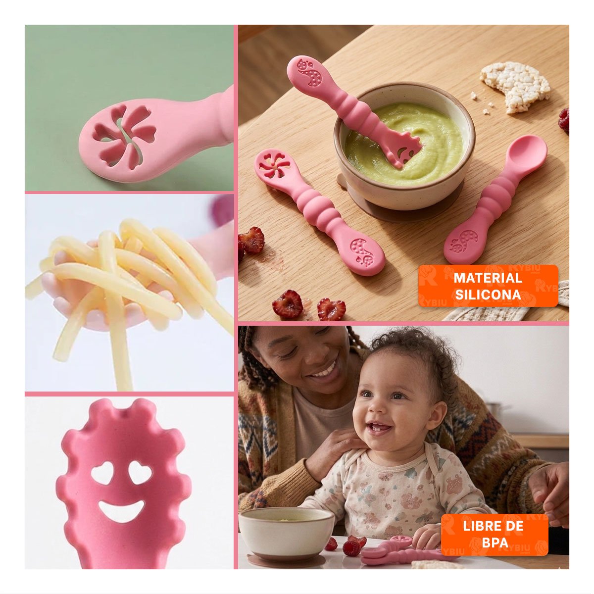 COLECCION 3 PRE CUCHARAS PARA YOGUIS Y PRIMEROS ALIMENTOS ROSADO Y+LIGAS REGALO - 5
