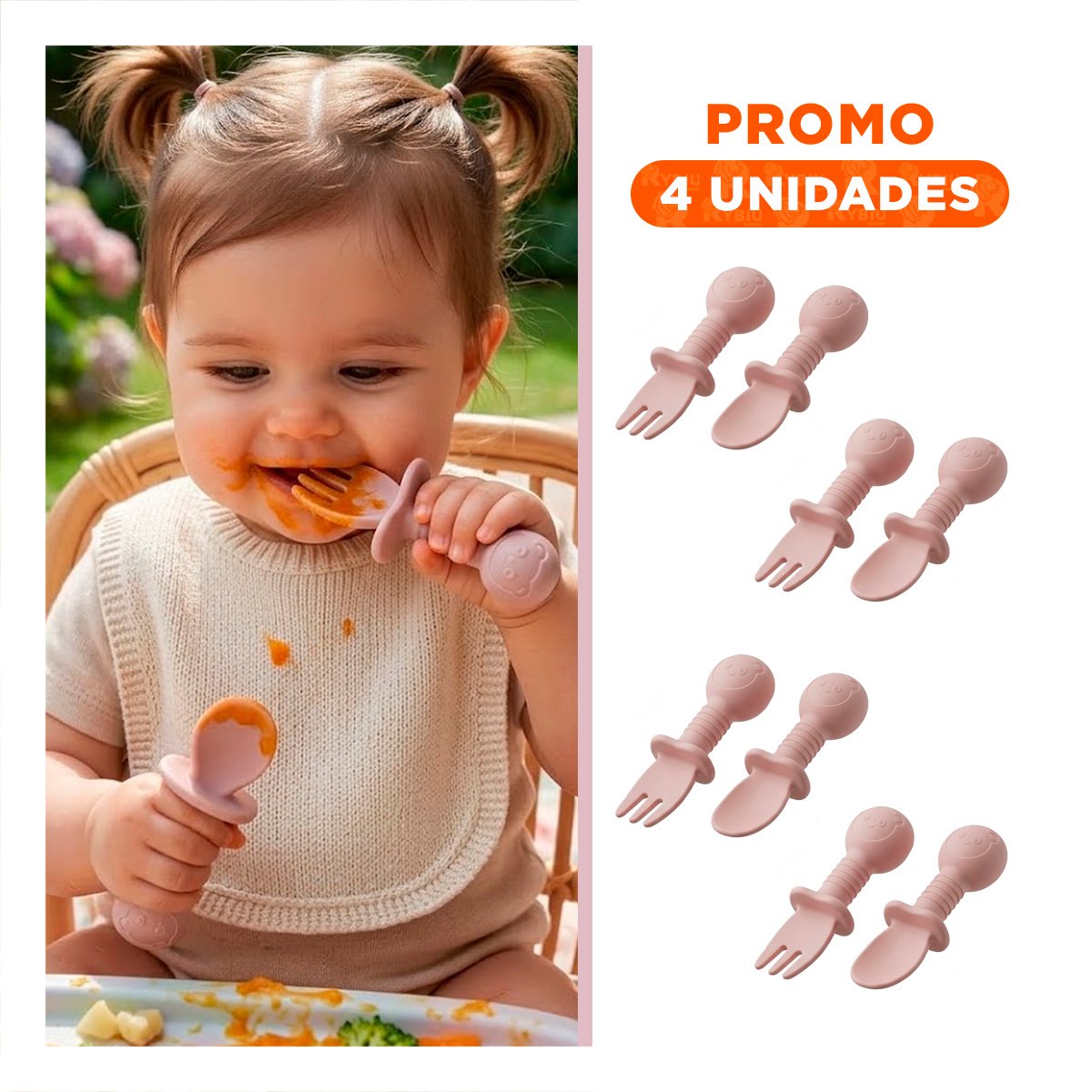 PACK4 PACK 2 PRE CUCHARA Y TENEDOR MANGO CORTO OSITO PALO ROSA PARA COMER Y+REGALO STICKER - 1