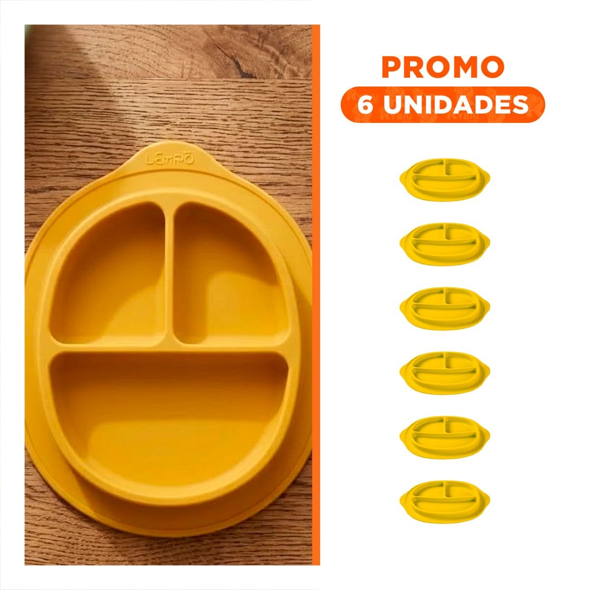 PACK6 PLATO INFANTIL DE SILICONA CARITA FELIZ AMARILLO CON 3 DIVISIONES - 1