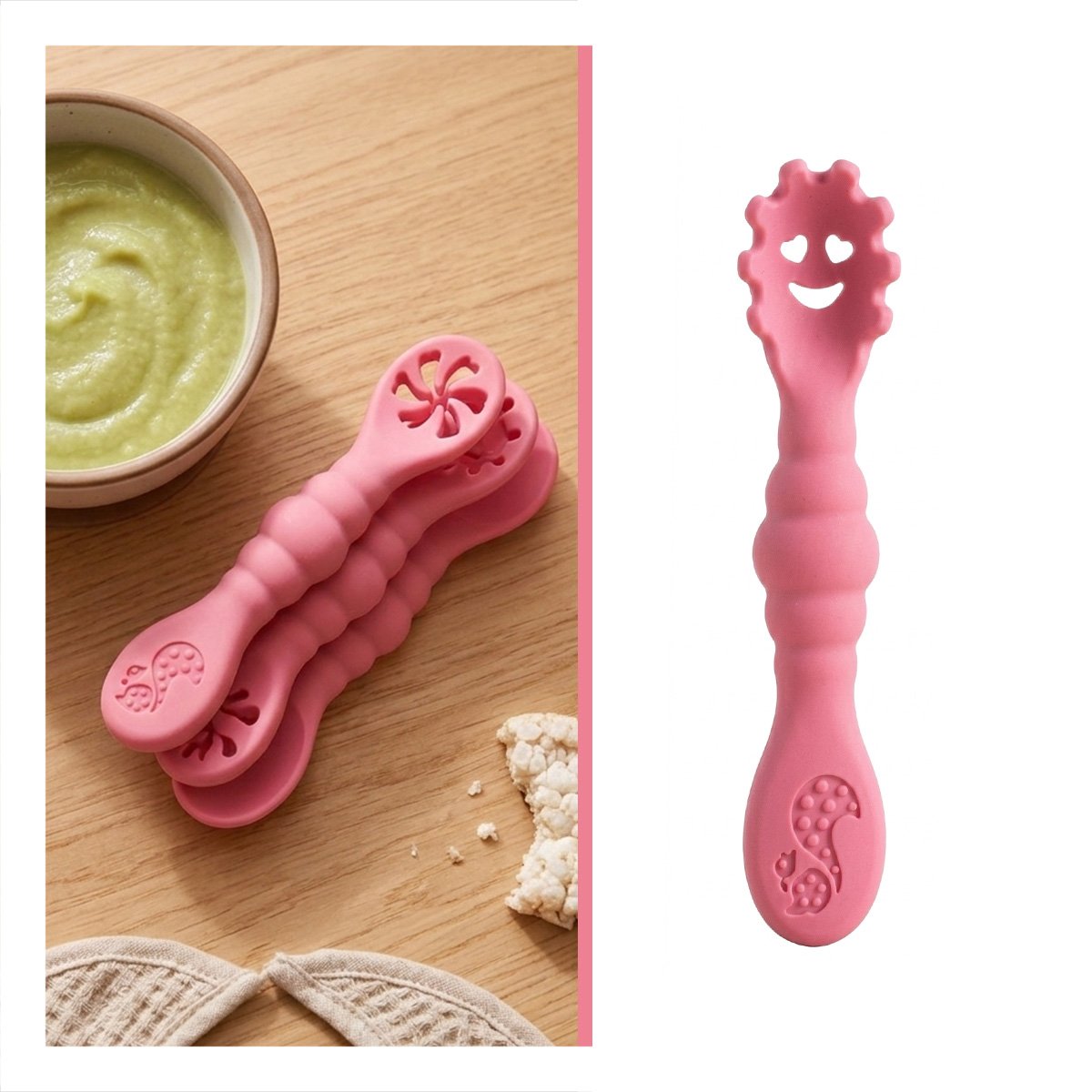 SET 3 PRE CUCHARAS PARA BEBE COMIDA SUAVE Y FACIL DE TOMAR COLOR ROSADO - 3