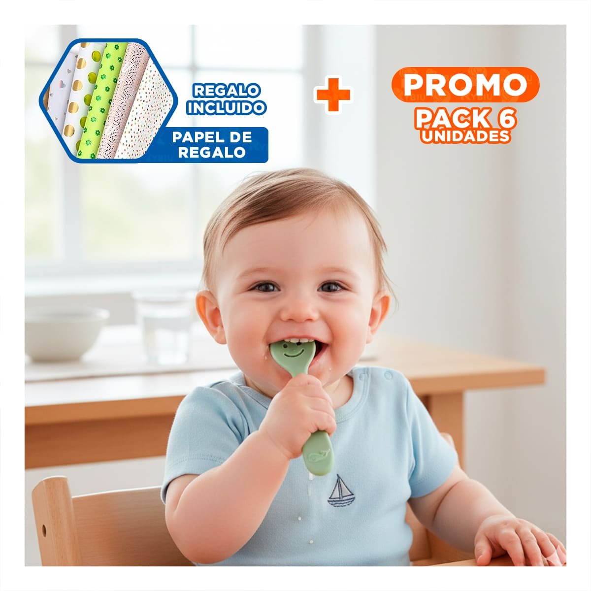 PACK6 KIT 3 PRE CUCHARAS SEGURO Y COMODO PARA ALIMENTACION DE BEBE VERDE Y+PAPEL REGALO - 1