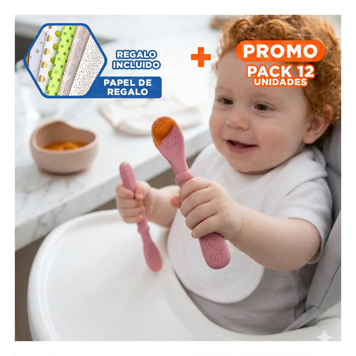 PACK12 KIT 3 PRE CUCHARAS PARA PRIMEROS YOGUIS DEL BEBE COMODO Y SEGURO ROSADO Y+PAPEL REGALO - 1