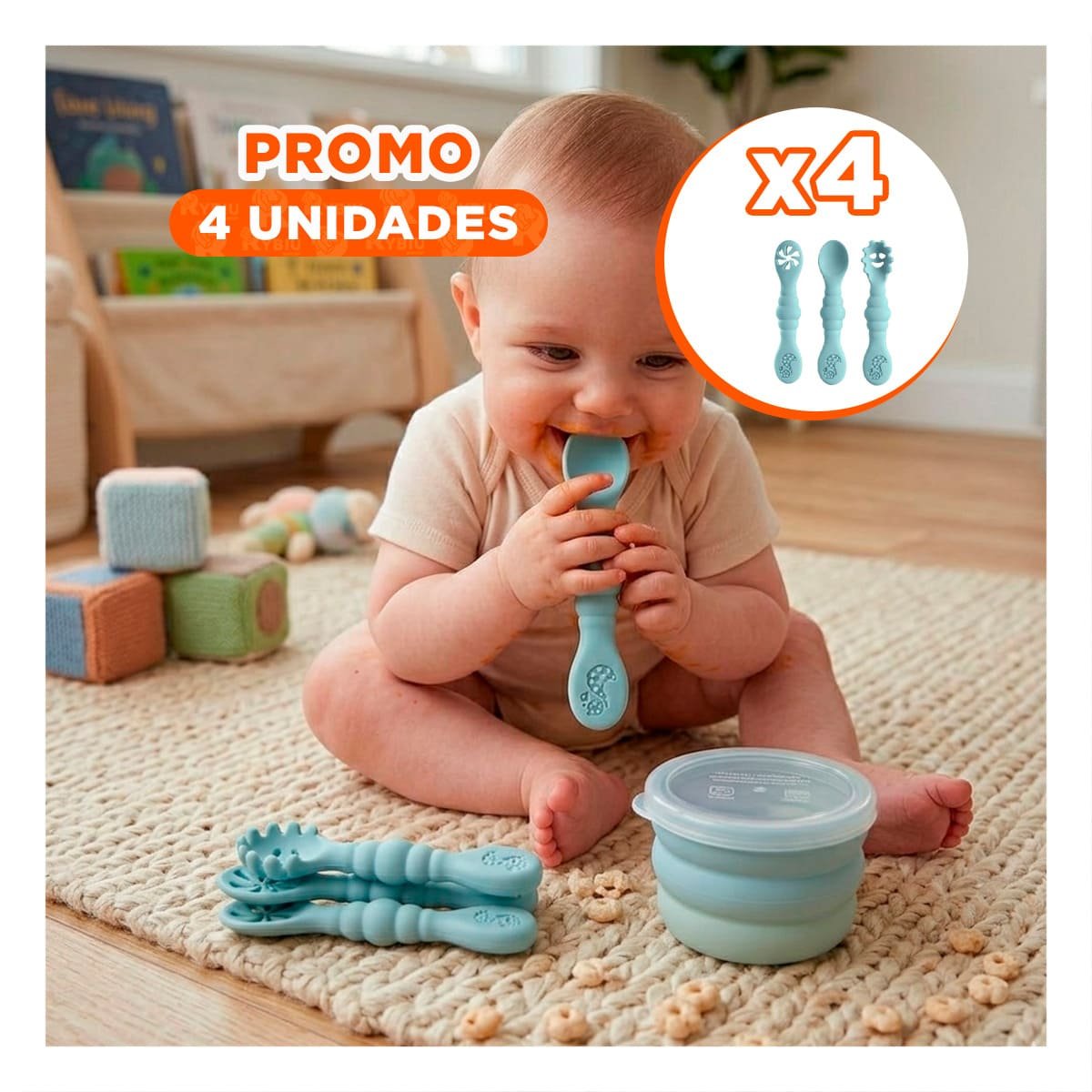 PACK4 SET 3 PRE CUCHARAS PARA YOGUIS DEL BEBE COMODO Y SEGURO COLOR CELESTE - 1