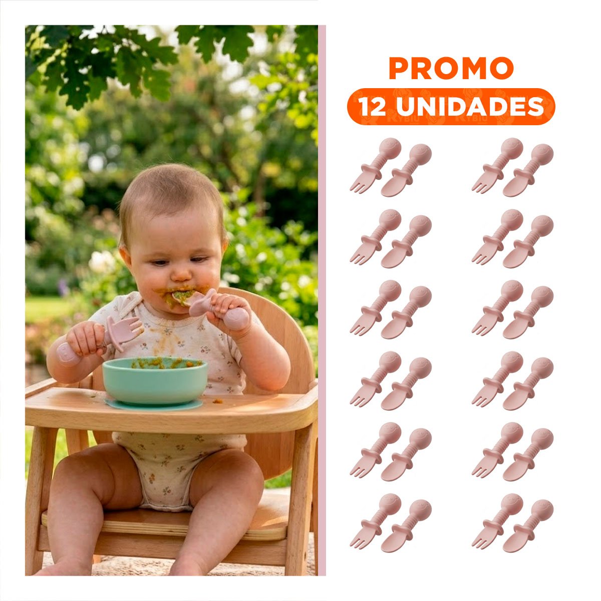 PACK12 PACK 2 PRE CUCHARA Y TENEDOR PALO ROSA MANGO CORTO OSITO PARA NIÑOS Y+REGALO STICKER - 1