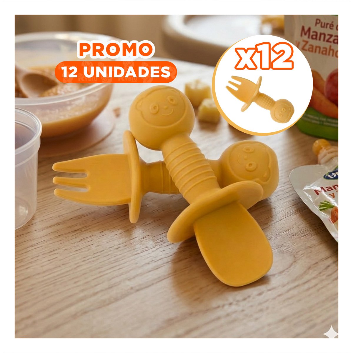 PACK12 SET 2 PRE CUCHARA Y TENEDOR MANGO CORTO COLOR AMARILLO OSITO PARA NIÑOS COMER - 1