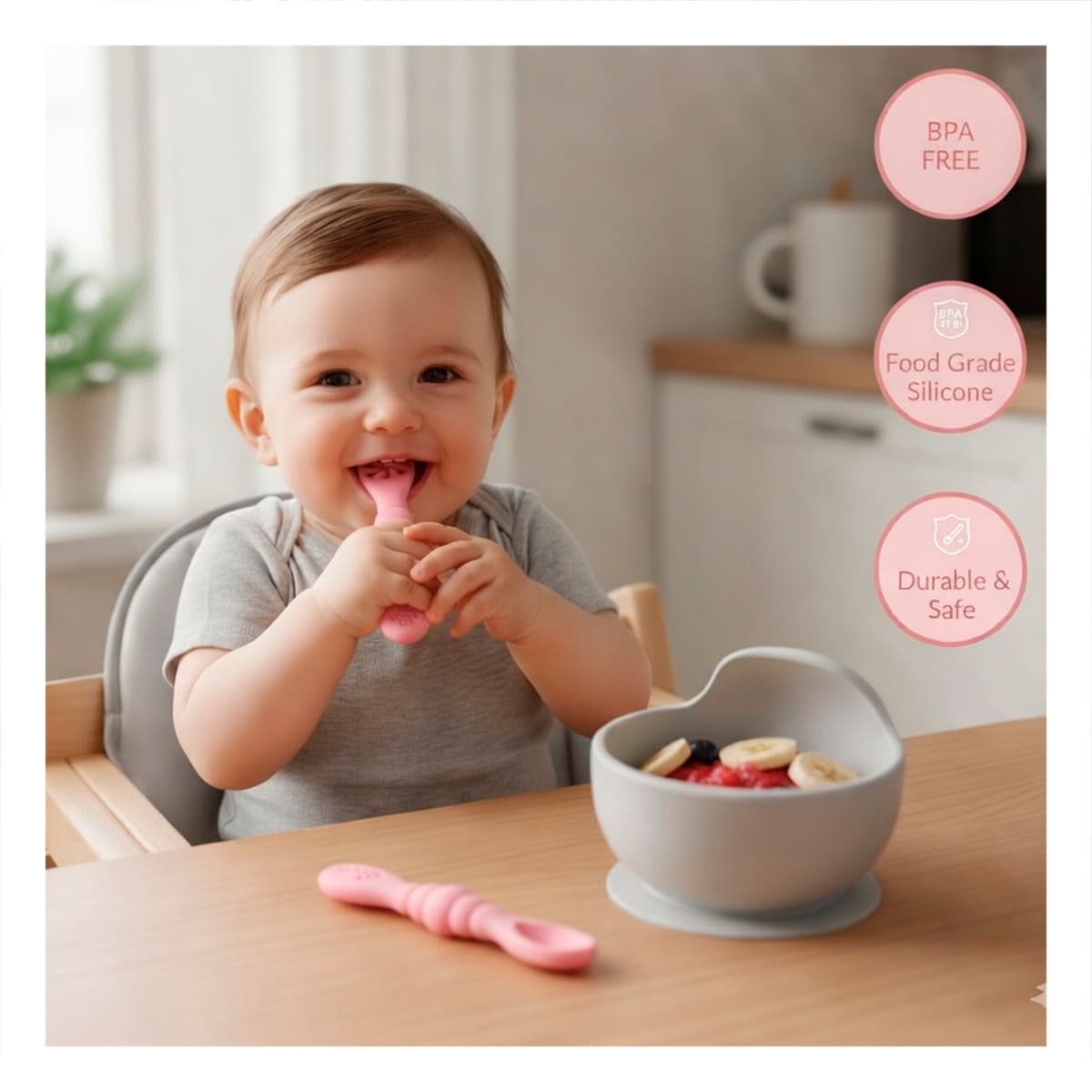 KIT 3 PRE CUCHARAS ROSADO PARA BEBE ALIMENTACION DIARIA Y COMODA EN CASA Y+PAPEL REGALO - 5