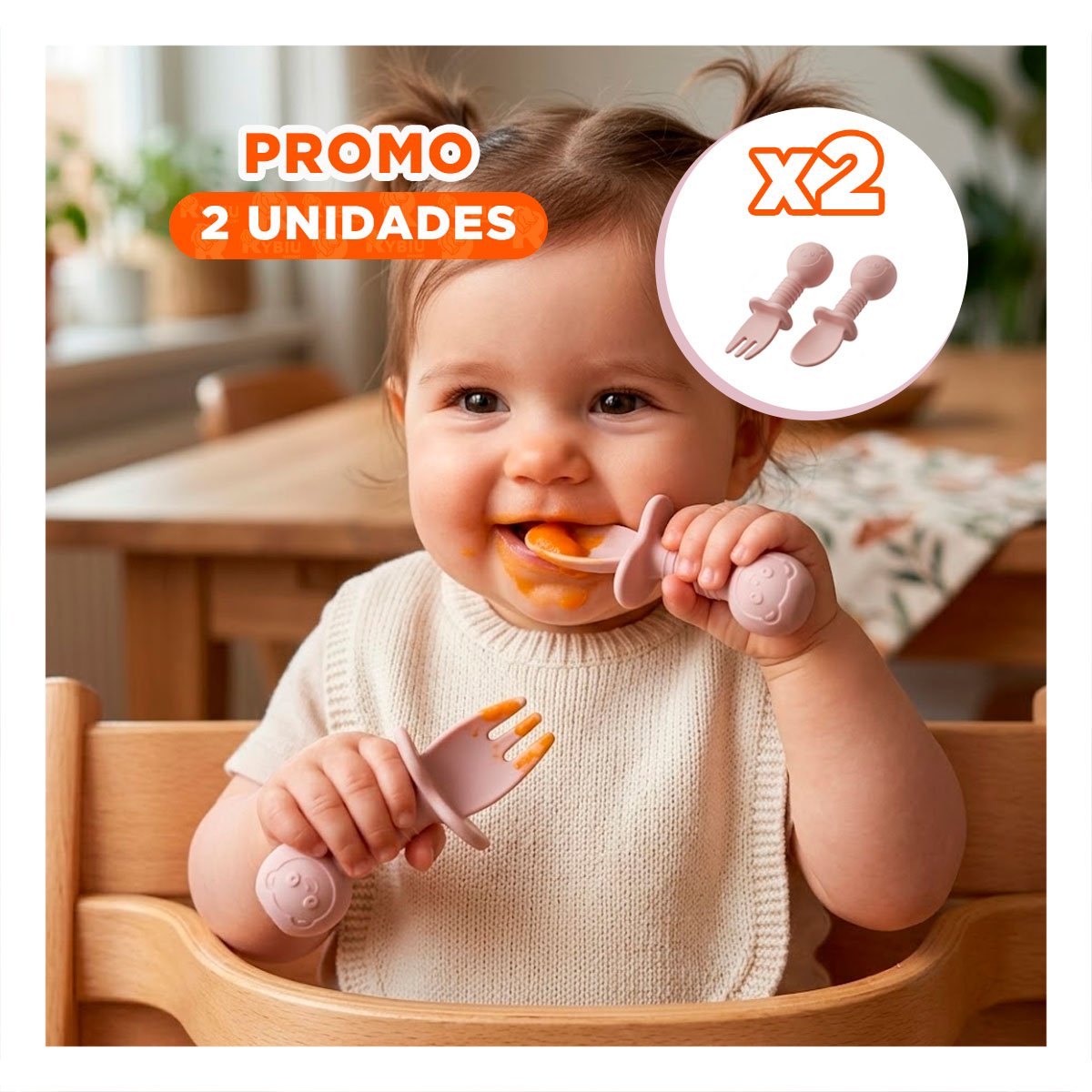PACK2 COLECCION 2 PRE CUCHARA Y TENEDOR OSITO MANGO CORTO PALO ROSA PARA NIÑOS Y+REGALO STICKER - 1