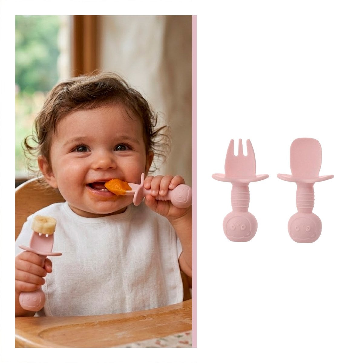 SET 2 PRE CUCHARA Y TENEDOR OSITO MANGO CORTO PALO ROSA PARA NIÑOS COMER - 3