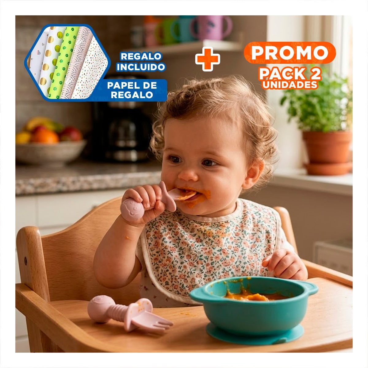 PACK2 PACK 2 PRE CUCHARA Y TENEDOR PALO ROSA OSITO MANGO CORTO PARA COMEDOR Y+PAPEL REGALO - 1