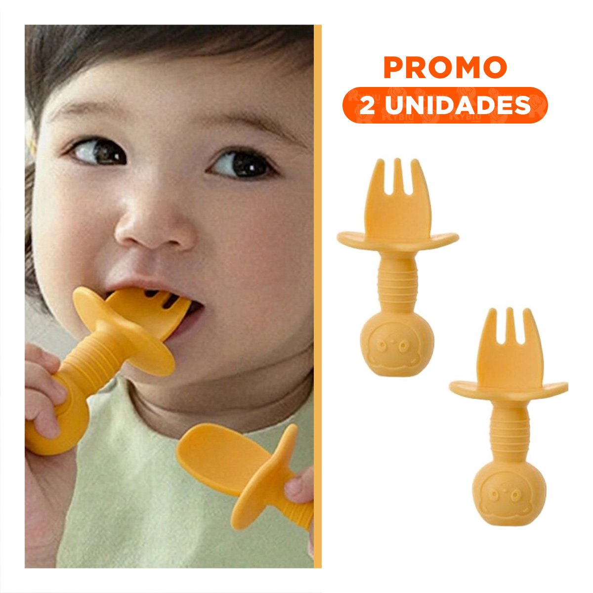 PACK2 KIT 2 PRE CUCHARA Y TENEDOR MANGO CORTO OSITO AMARILLO PARA NIÑOS EN MESA - 1