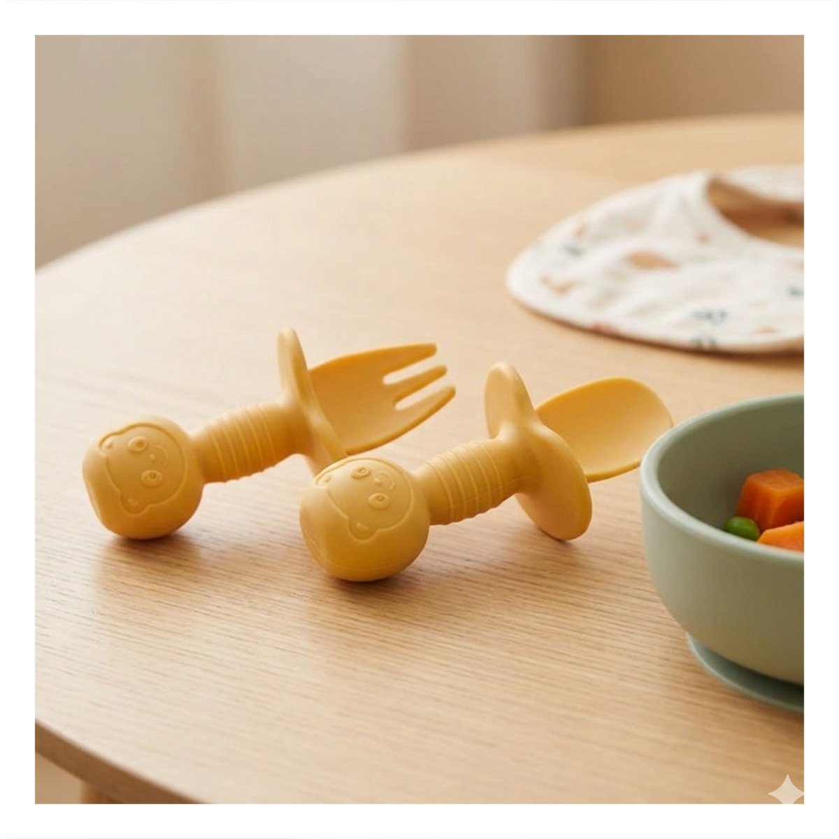 PACK2 KIT 2 PRE CUCHARA Y TENEDOR MANGO CORTO OSITO AMARILLO PARA NIÑOS EN MESA - 3