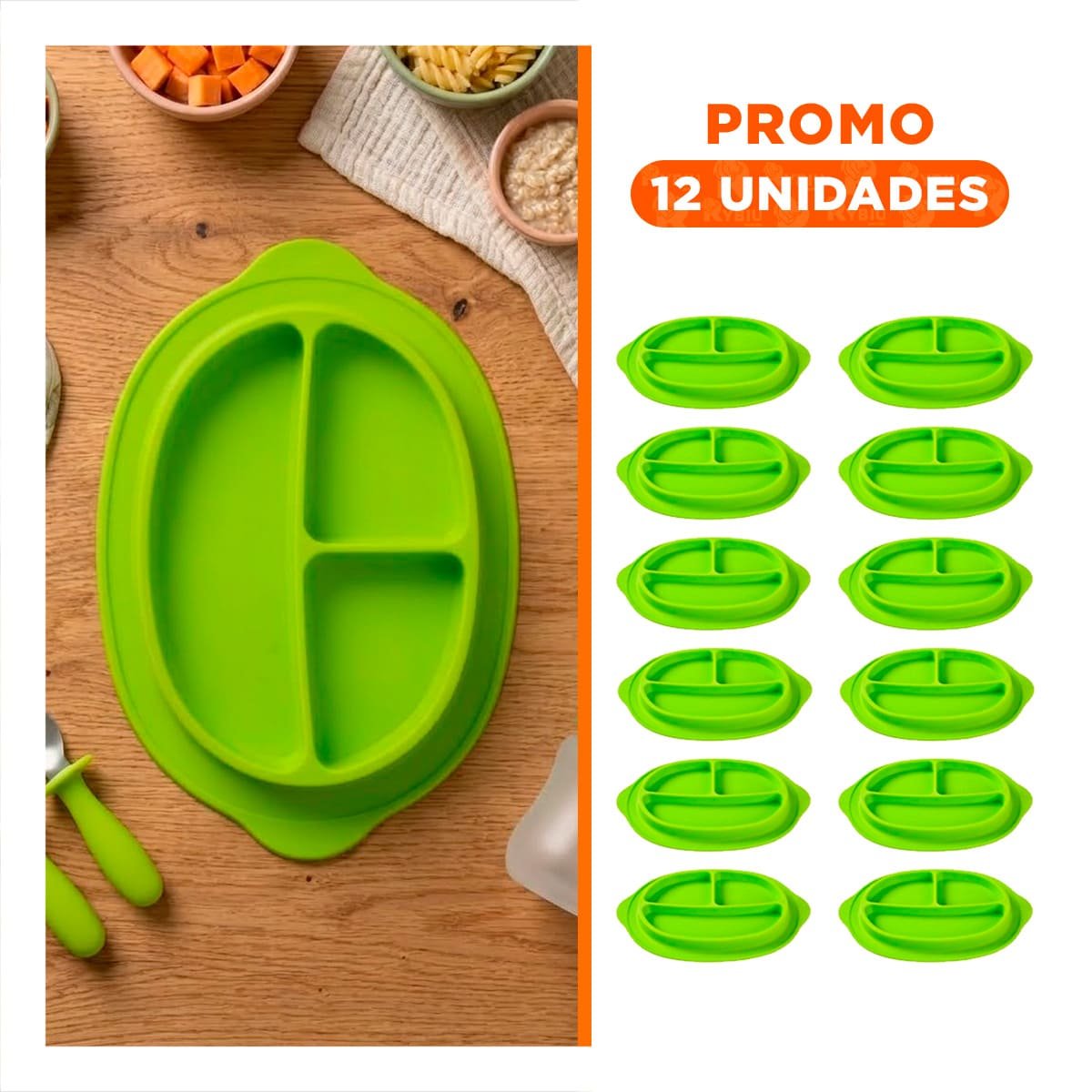 PACK12 FUENTE DE SILICONA COLOR VERDE CARITA FELIZ CON COMPARTIMIENTOS Y+REGALO STICKER - 1