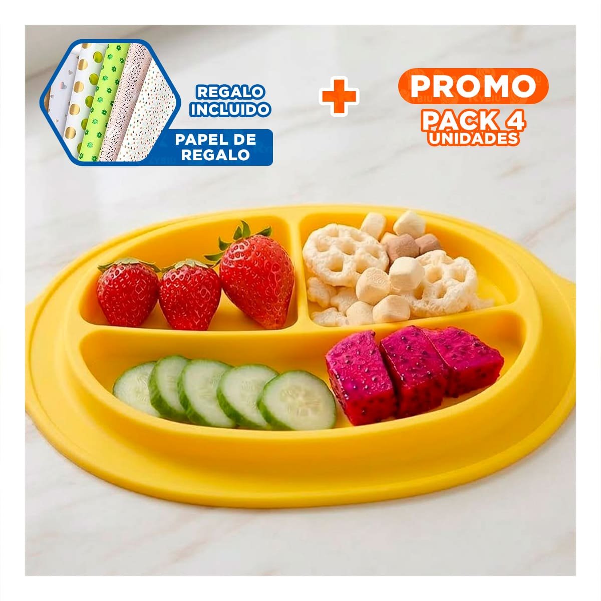 PACK4 RECIPIENTE DE SILICONA CON CARITA FELIZ DIVIDIDO COLOR AMARILLO Y+PAPEL REGALO - 1