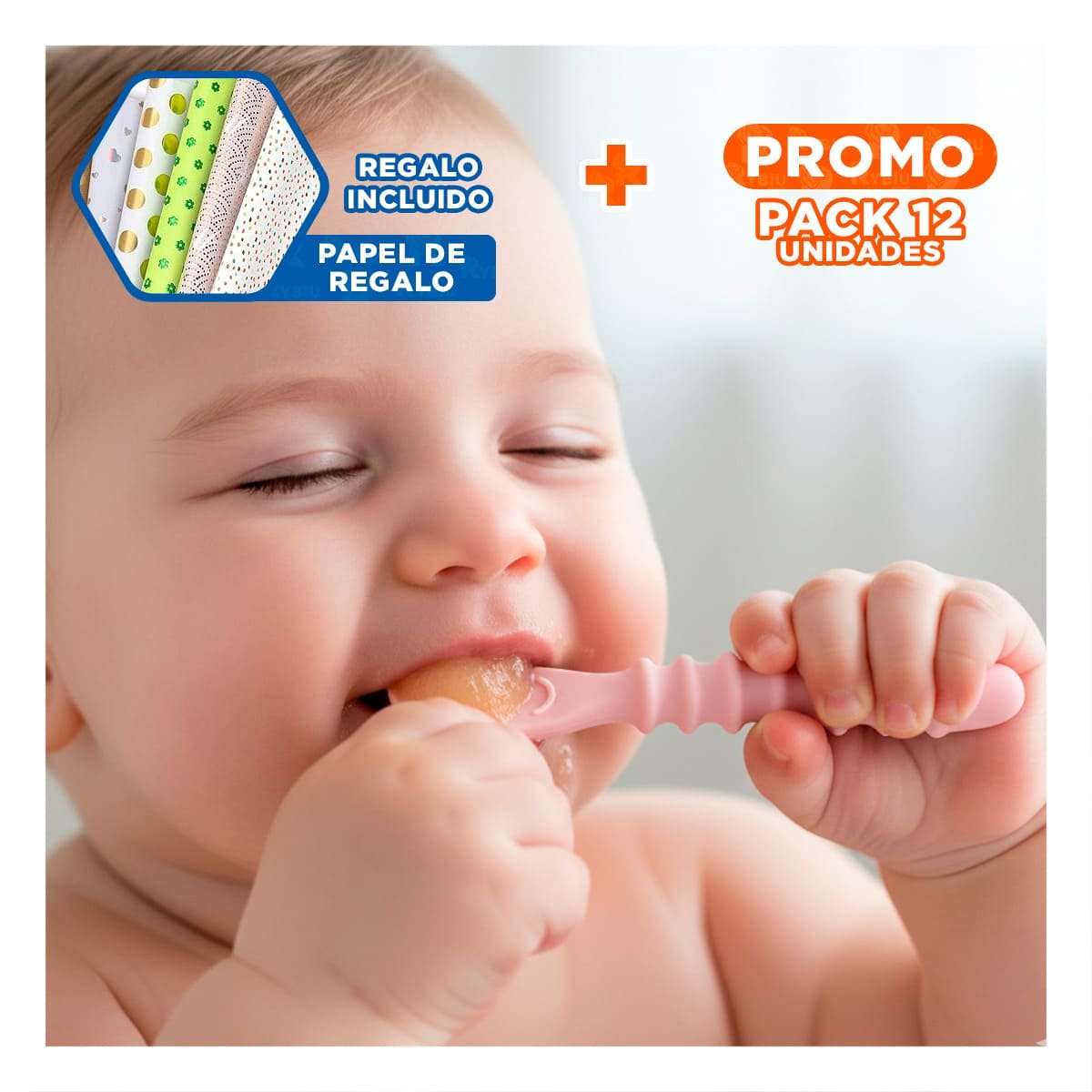 PACK12 KIT 3 PRE CUCHARAS PARA PRIMEROS YOGUIS DEL BEBE COMODO Y SEGURO ROSADO Y+PAPEL REGALO - 1
