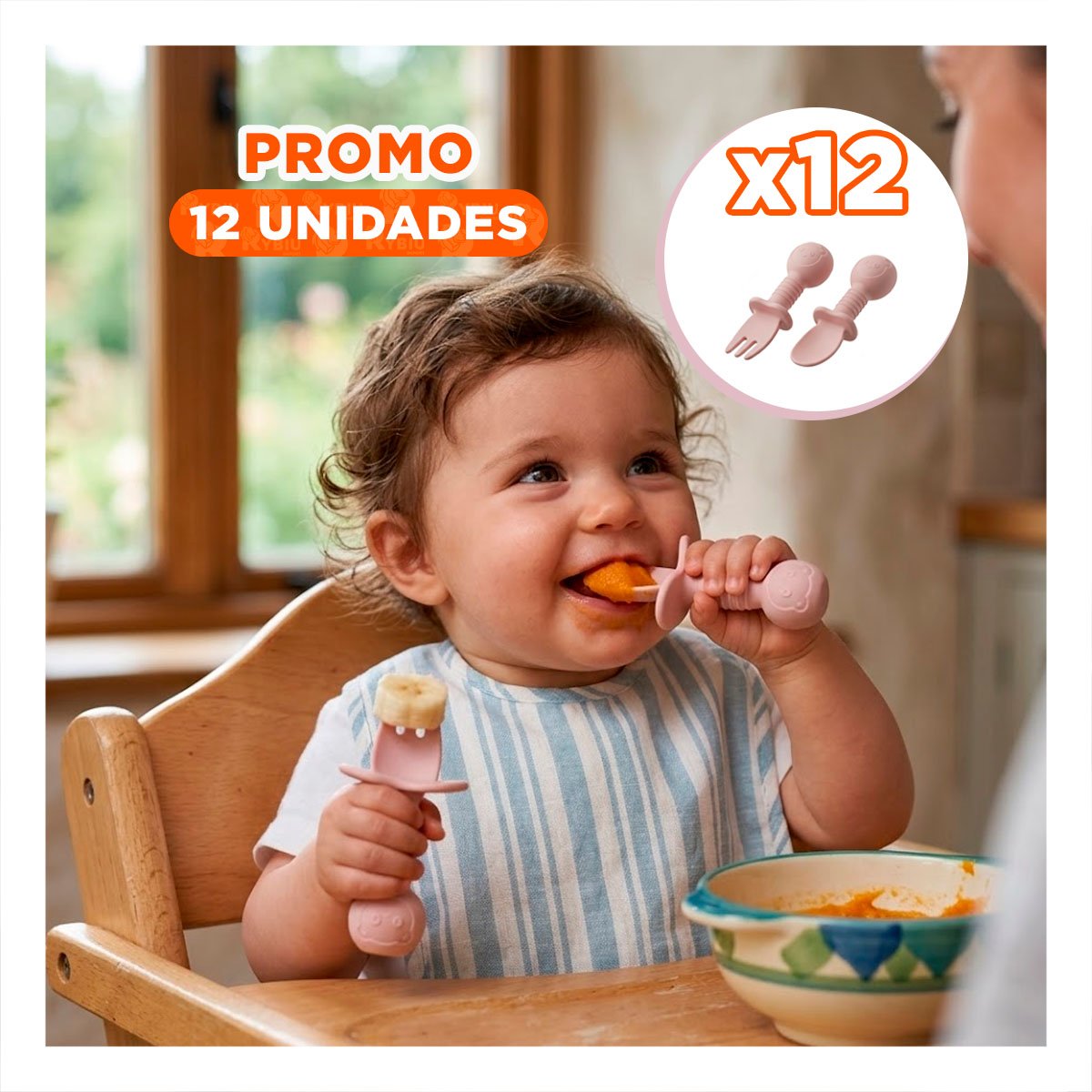 PACK12 SET 2 PRE CUCHARA Y TENEDOR PALO ROSA MANGO CORTO OSITO PARA NIÑOS COMER - 1