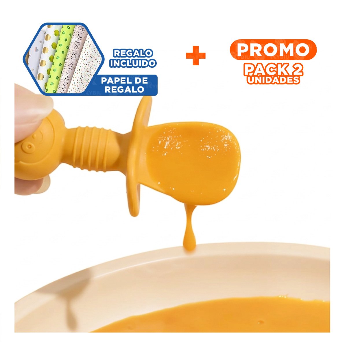 PACK2 PACK 2 PRE CUCHARA Y TENEDOR COLOR AMARILLO OSITO MANGO CORTO PARA COMEDOR Y+PAPEL REGALO - 1