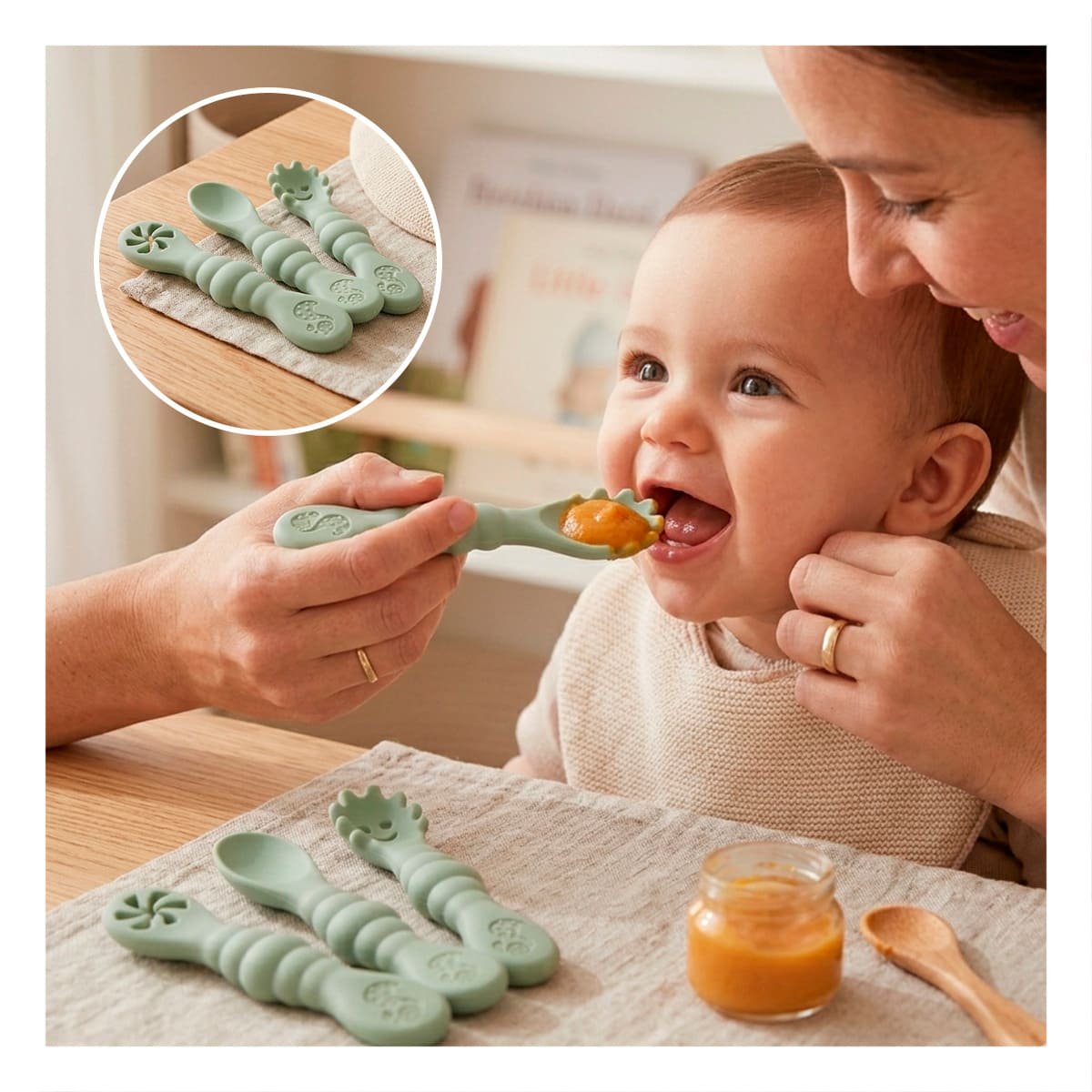 PACK 3 PRE CUCHARAS PARA BEBE USO DIARIO Y SEGURO EN COMEDOR COLOR VERDE Y+REGALO STICKER - 5