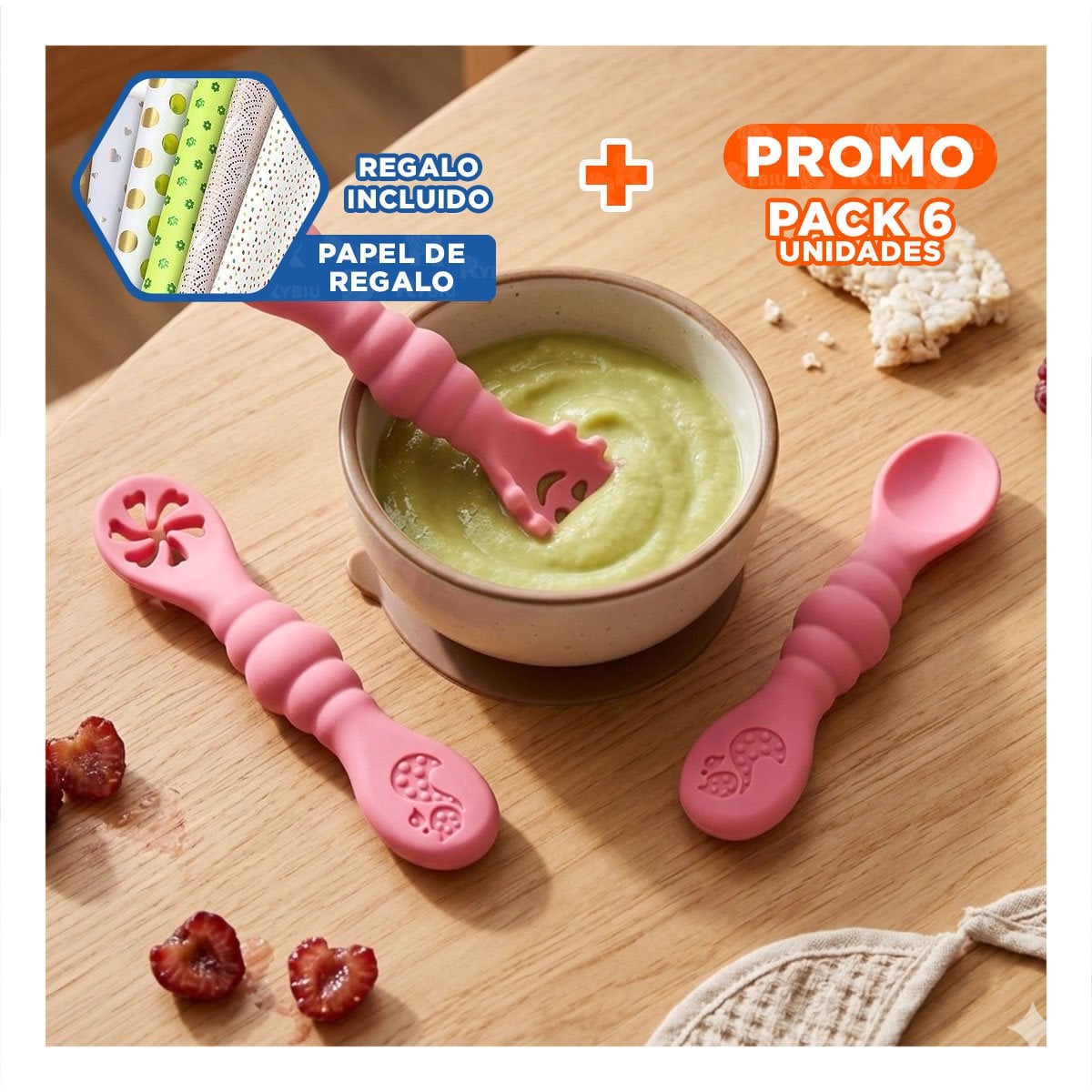 PACK6 KIT 3 PRE CUCHARAS COMODO Y FUNCIONAL PARA ALIMENTACION DE BEBE ROSADO Y+PAPEL REGALO - 1