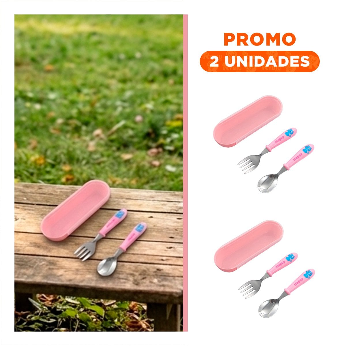 PACK2 KIT ESCOLAR GATO CON ESTUCHE PRACTICO CUCHARA Y TENEDOR COLOR ROSADO - 1