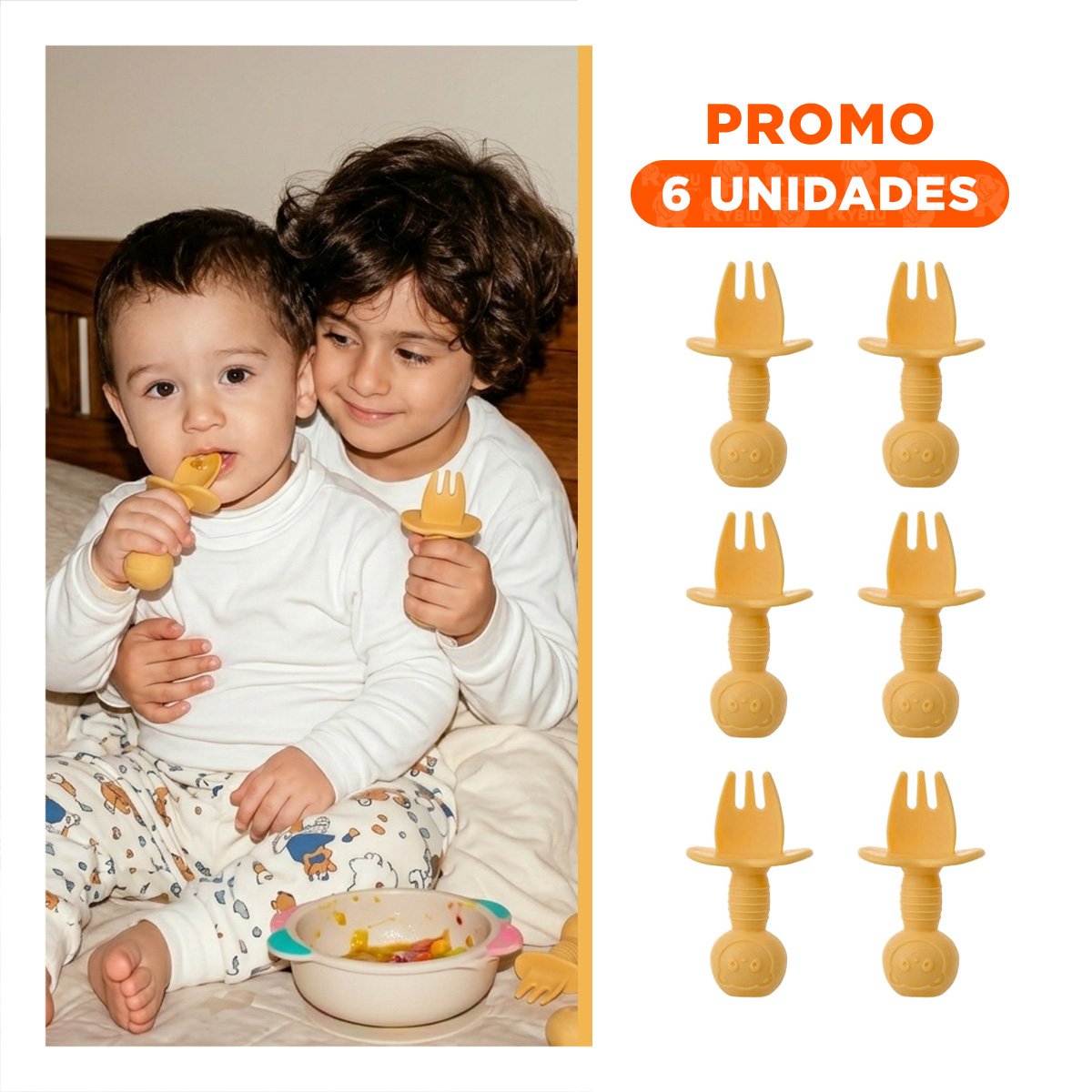 PACK6 SET 2 PRE CUCHARA Y TENEDOR OSITO MANGO CORTO COLOR AMARILLO PARA MESA - 1