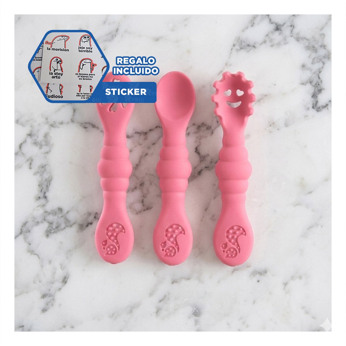 PACK 3 PRE CUCHARAS PARA BEBE PRACTICO Y RESISTENTE EN COMEDOR COLOR ROSADO Y+REGALO STICKER - 1